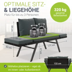 Polyrattan Multifunktionsbank Calvia Schwarz/Grau/Creme Wetterfestes Polyrattan Gartensofa mit Liegefunktion