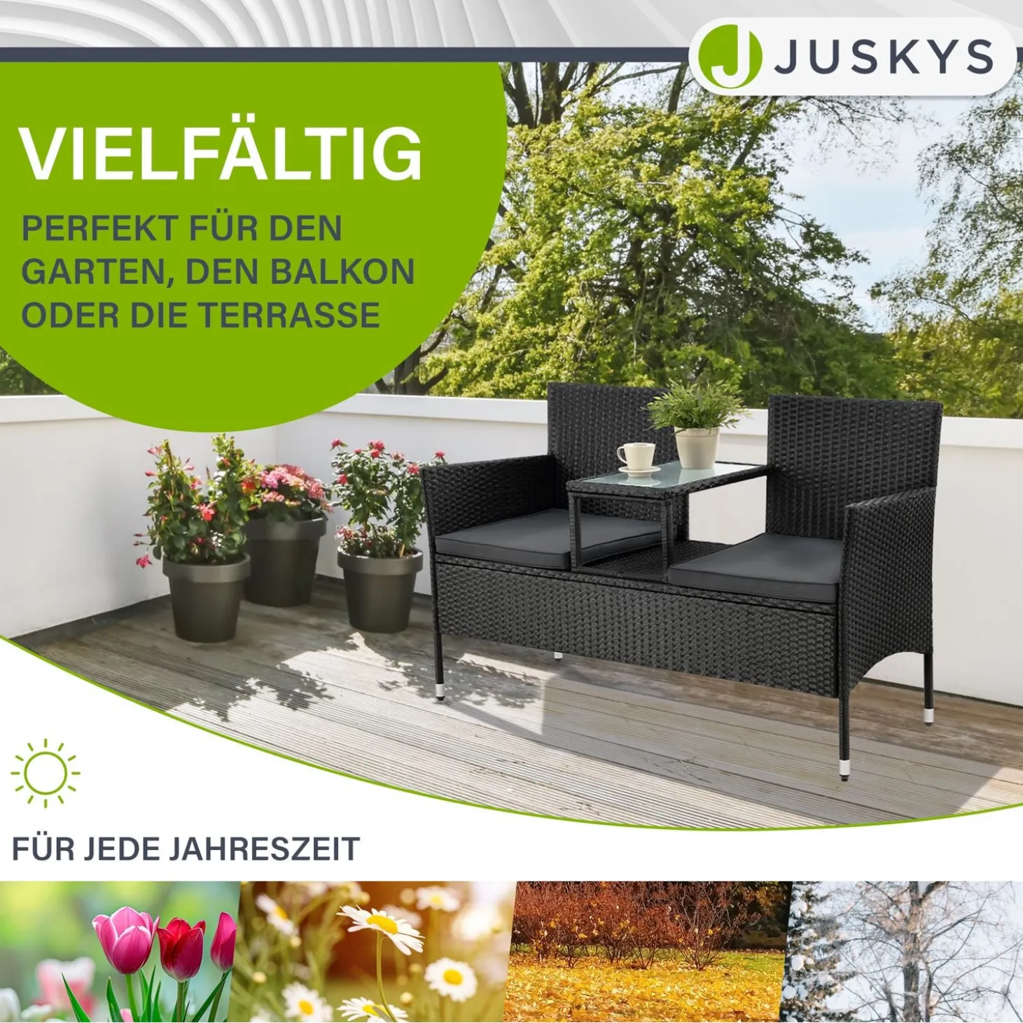 Polyrattan Sitzbank Monaco Gartenmöbel Sitzbank für 2 Personen inkl. Abstelltisch