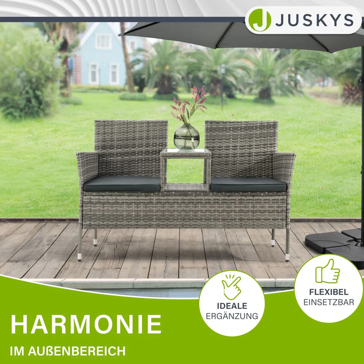 Polyrattan Sitzbank Monaco Gartenmöbel Sitzbank für 2 Personen inkl. Abstelltisch