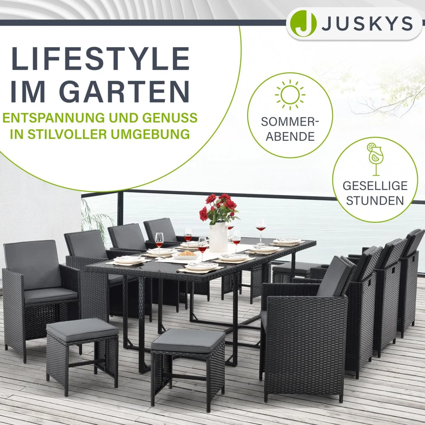 Polyrattan Sitzgruppe Baracoa Gartenmöbel Set für bis zu 8 Personen inkl. Kissen