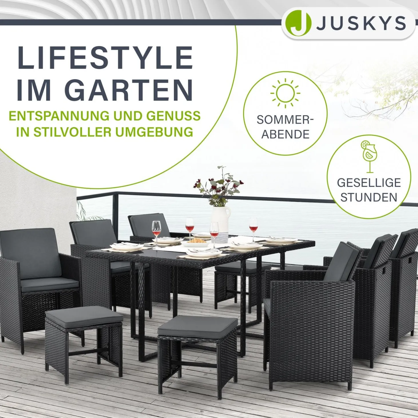 Polyrattan Sitzgruppe Baracoa Gartenmöbel Set für bis zu 8 Personen inkl. Kissen
