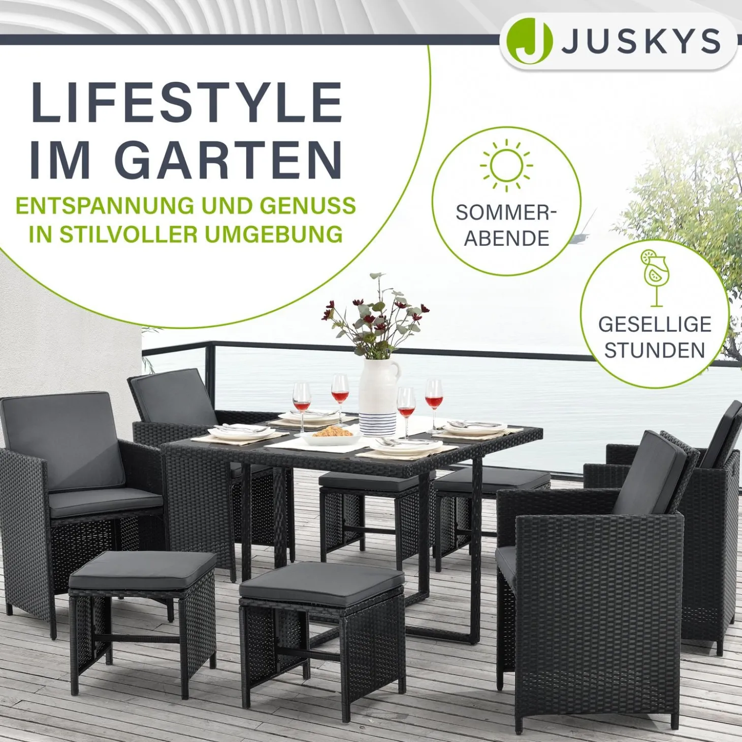 Polyrattan Sitzgruppe Baracoa Gartenmöbel Set für bis zu 8 Personen inkl. Kissen