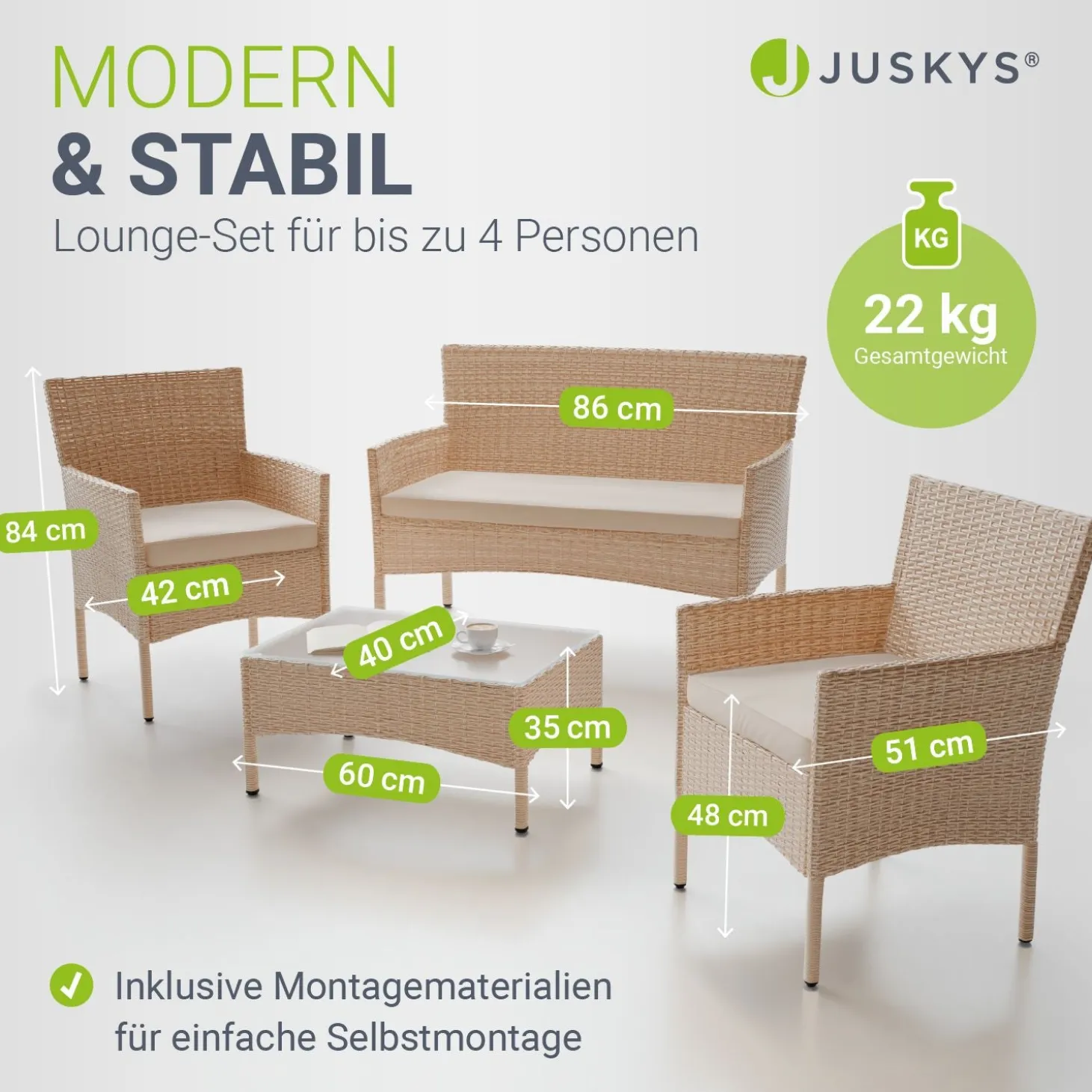 Polyrattan Sitzgruppe Fort Myers 4-teiliges Gartenmöbel-Set mit mediteraner Optik