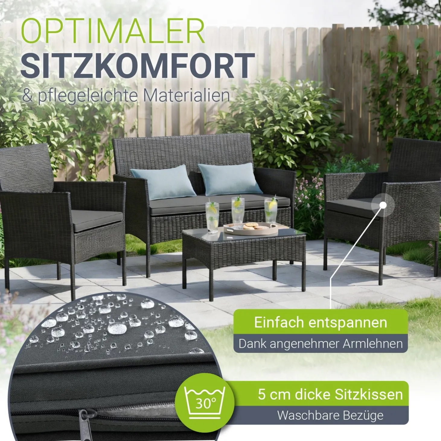 Polyrattan Sitzgruppe Fort Myers 4-teiliges Gartenmöbel-Set mit mediteraner Optik