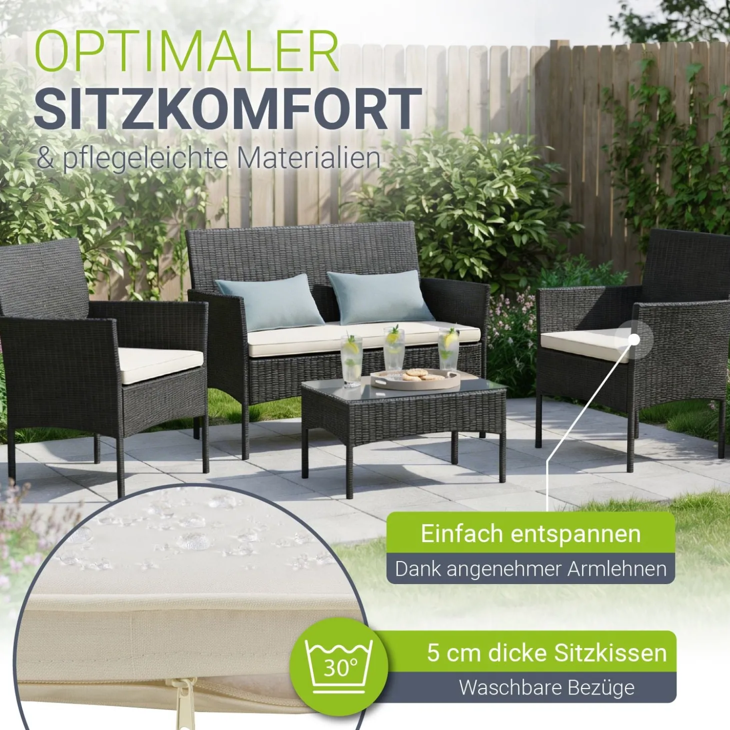 Polyrattan Sitzgruppe Fort Myers 4-teiliges Gartenmöbel-Set mit mediteraner Optik