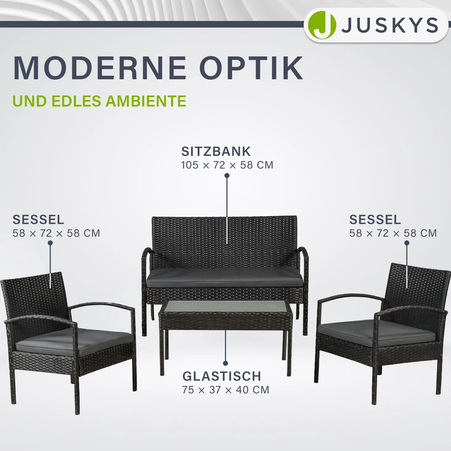 Polyrattan Sitzgruppe Trinidad Gartenmöbel-Set aus Tisch, Bank & 2 Sesseln inkl. Kissen