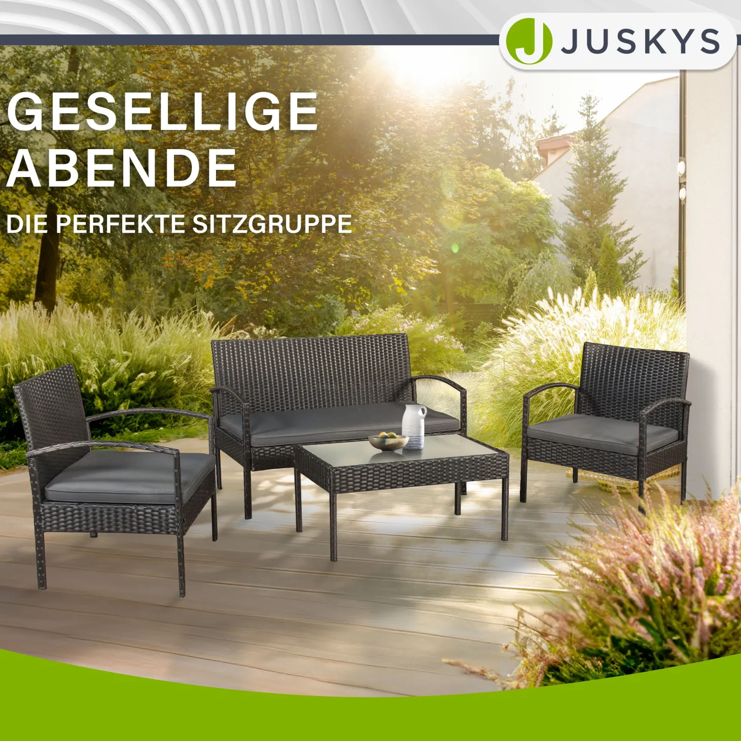 Polyrattan Sitzgruppe Trinidad Gartenmöbel-Set aus Tisch, Bank & 2 Sesseln inkl. Kissen