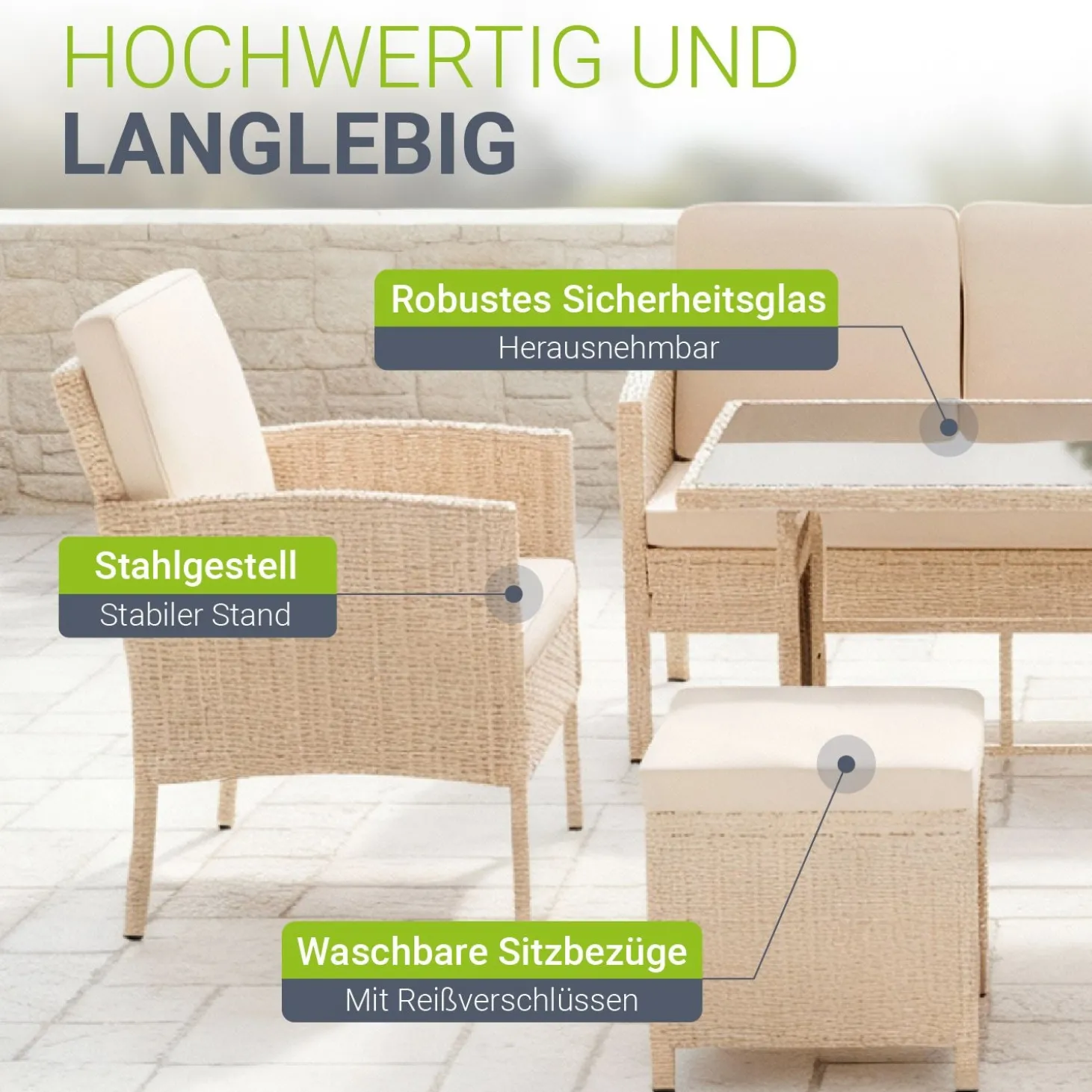 Rattan Sitzgruppe Turin Polyrattan Gartenmöbel-Set für 7 Personen inkl. Kissen