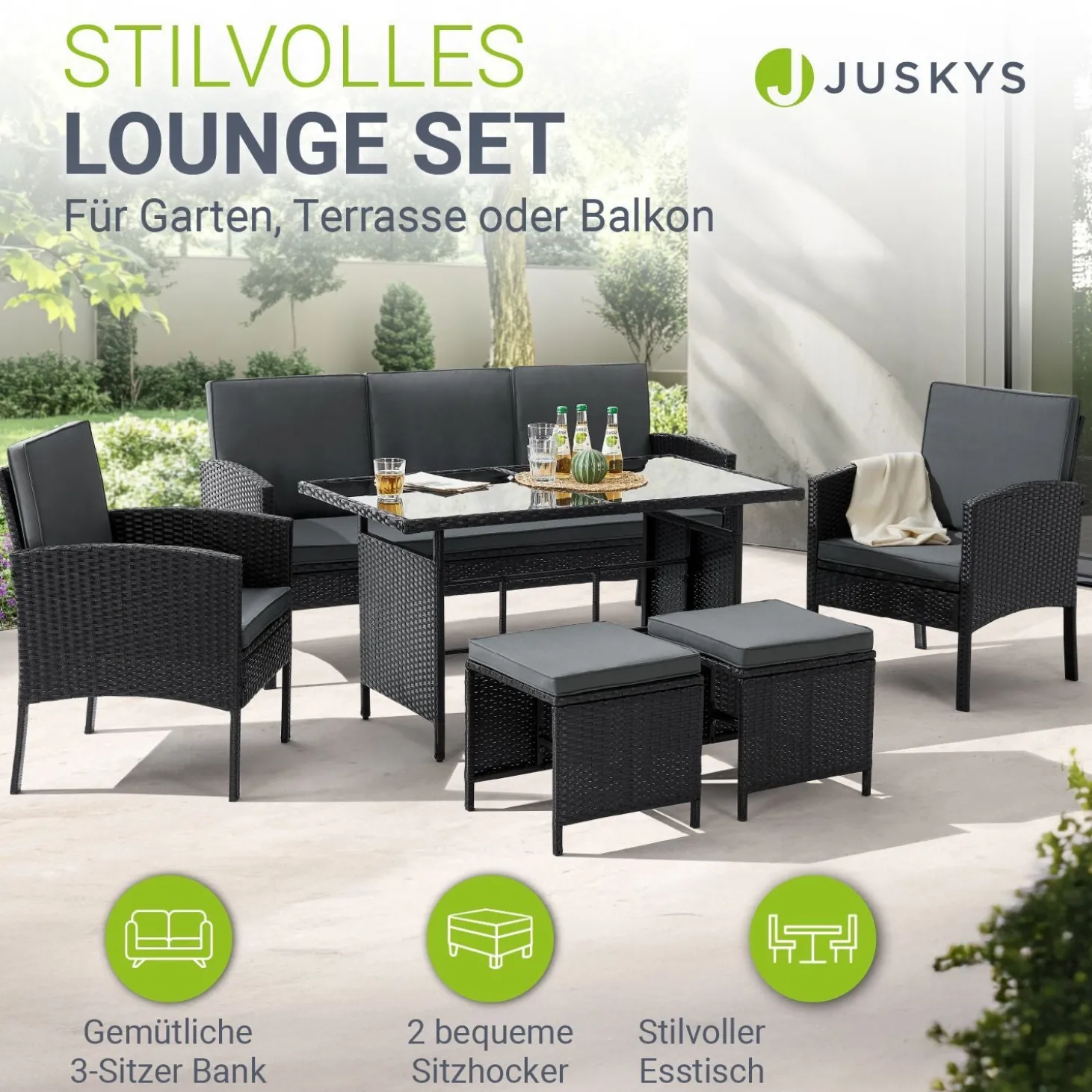 Rattan Sitzgruppe Turin Polyrattan Gartenmöbel-Set für 7 Personen inkl. Kissen