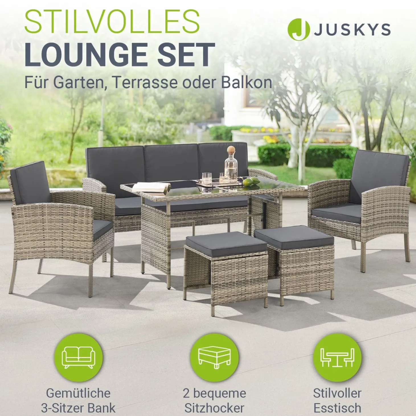Rattan Sitzgruppe Turin Polyrattan Gartenmöbel-Set für 7 Personen inkl. Kissen