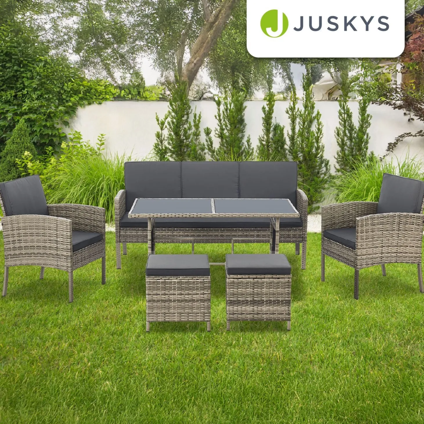 Rattan Sitzgruppe Turin Polyrattan Gartenmöbel-Set für 7 Personen inkl. Kissen