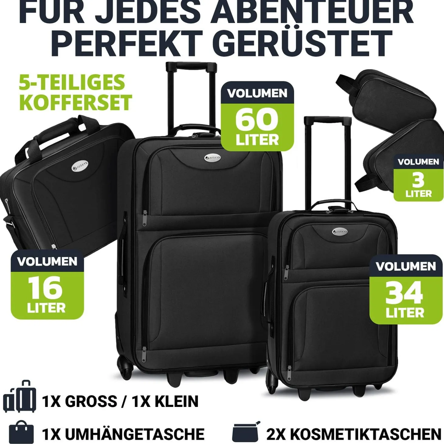 Reise Trolley Kofferset Athen 5-teiliges Set mit 2 Trolleys, Umhänge- und 2 Kosmetiktaschen