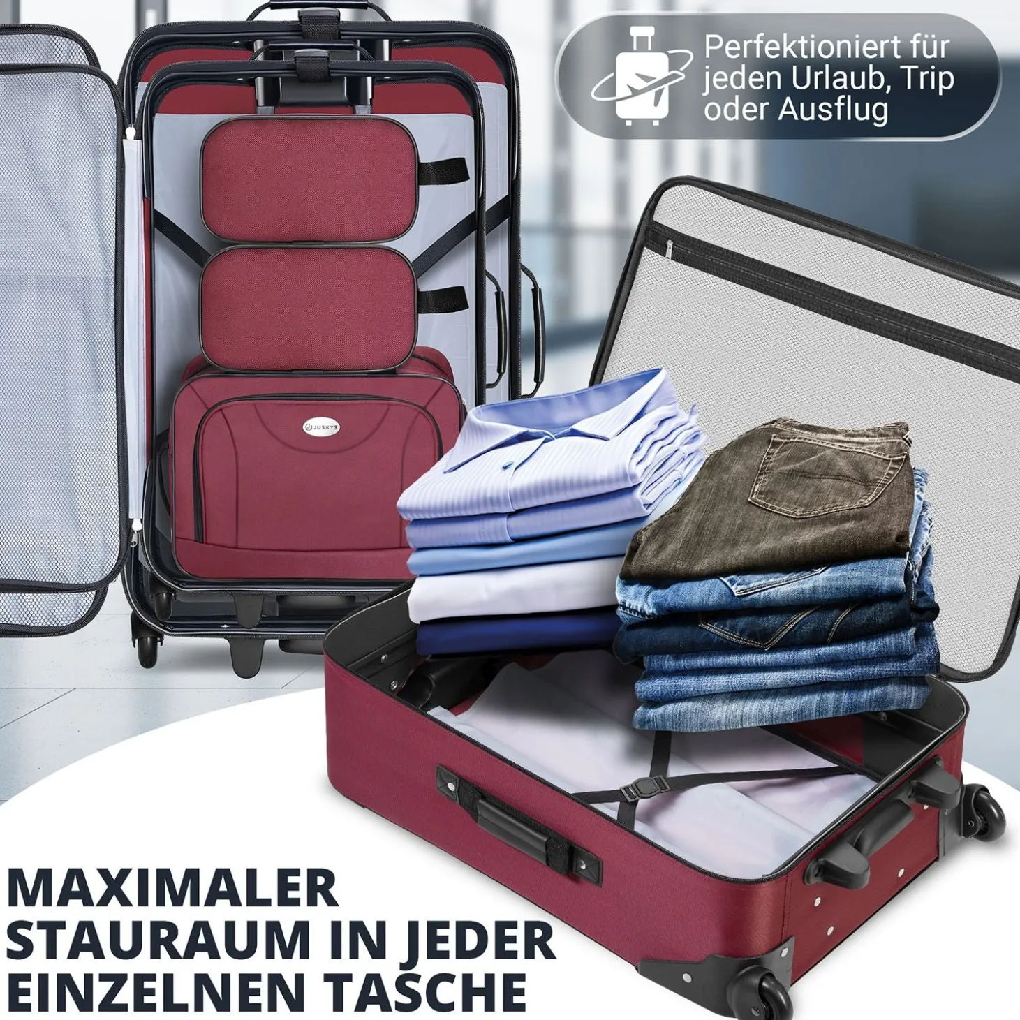 Reise Trolley Kofferset Athen 5-teiliges Set mit 2 Trolleys, Umhänge- und 2 Kosmetiktaschen
