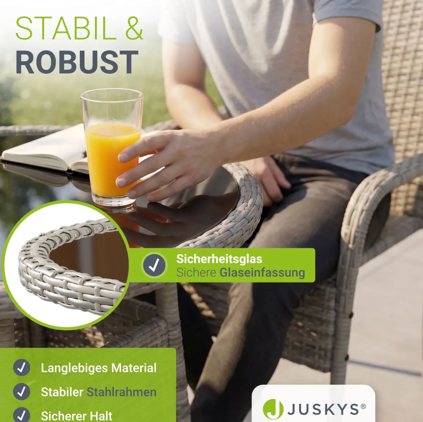 Runder Polyrattan Gartentisch Yoro Wetterfester Tisch mit Glasplatte