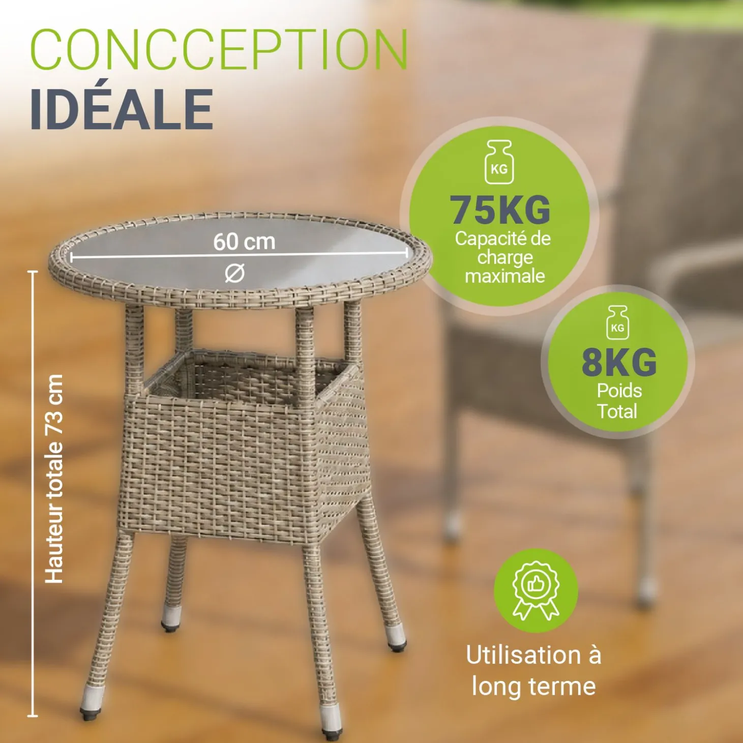 Runder Polyrattan Gartentisch Yoro Wetterfester Tisch mit Glasplatte