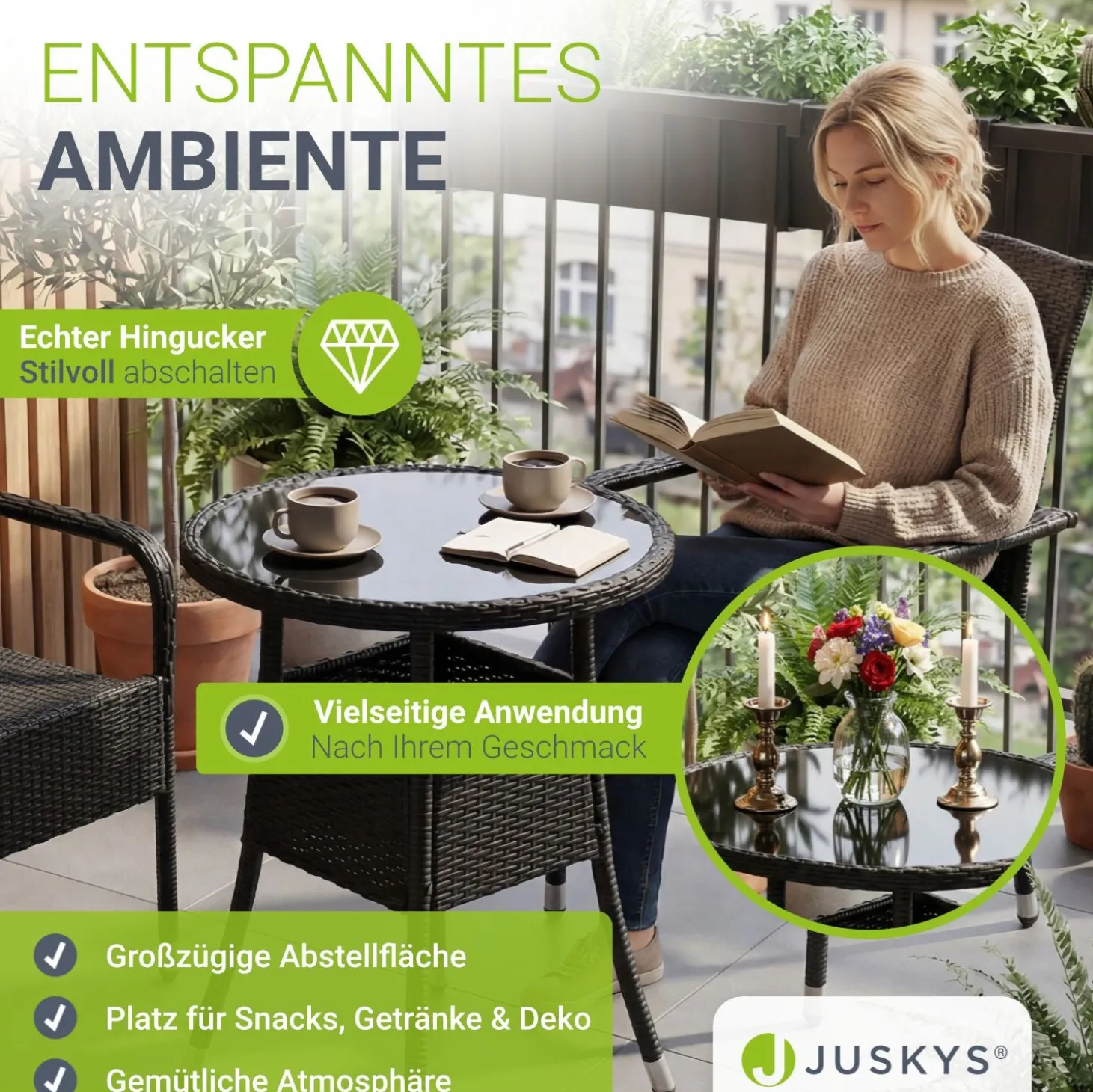 Runder Polyrattan Gartentisch Yoro Wetterfester Tisch mit Glasplatte