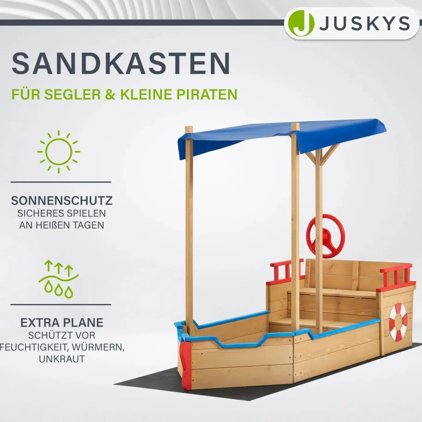 Sandkasten Käpt’n Pit - Piratenschiff Boot aus Holz Sandkiste in verspieltem Piraten Design mit Dach & Bodenplane