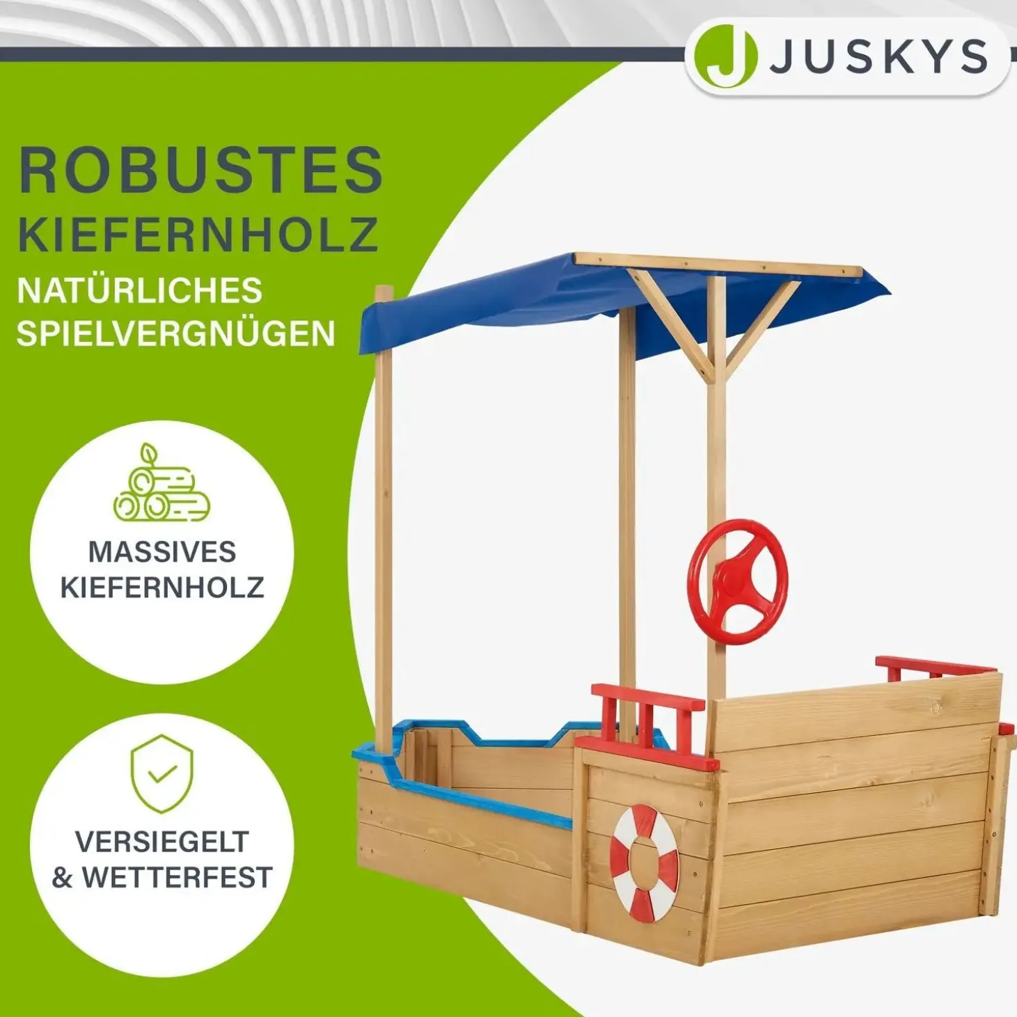 Sandkasten Käpt’n Pit - Piratenschiff Boot aus Holz Sandkiste in verspieltem Piraten Design mit Dach & Bodenplane