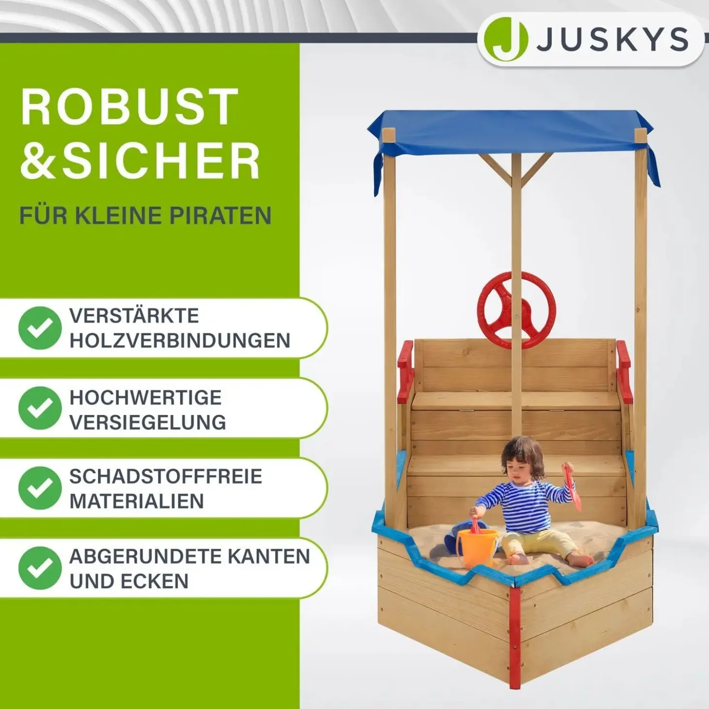 Sandkasten Käpt’n Pit - Piratenschiff Boot aus Holz Sandkiste in verspieltem Piraten Design mit Dach & Bodenplane