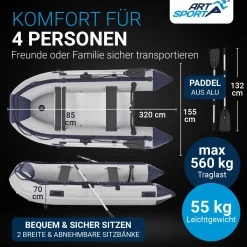 Schlauchboot 3,20 m Paddelboot für 4 Personen - inkl. Paddel, Luftpumpe und mehr