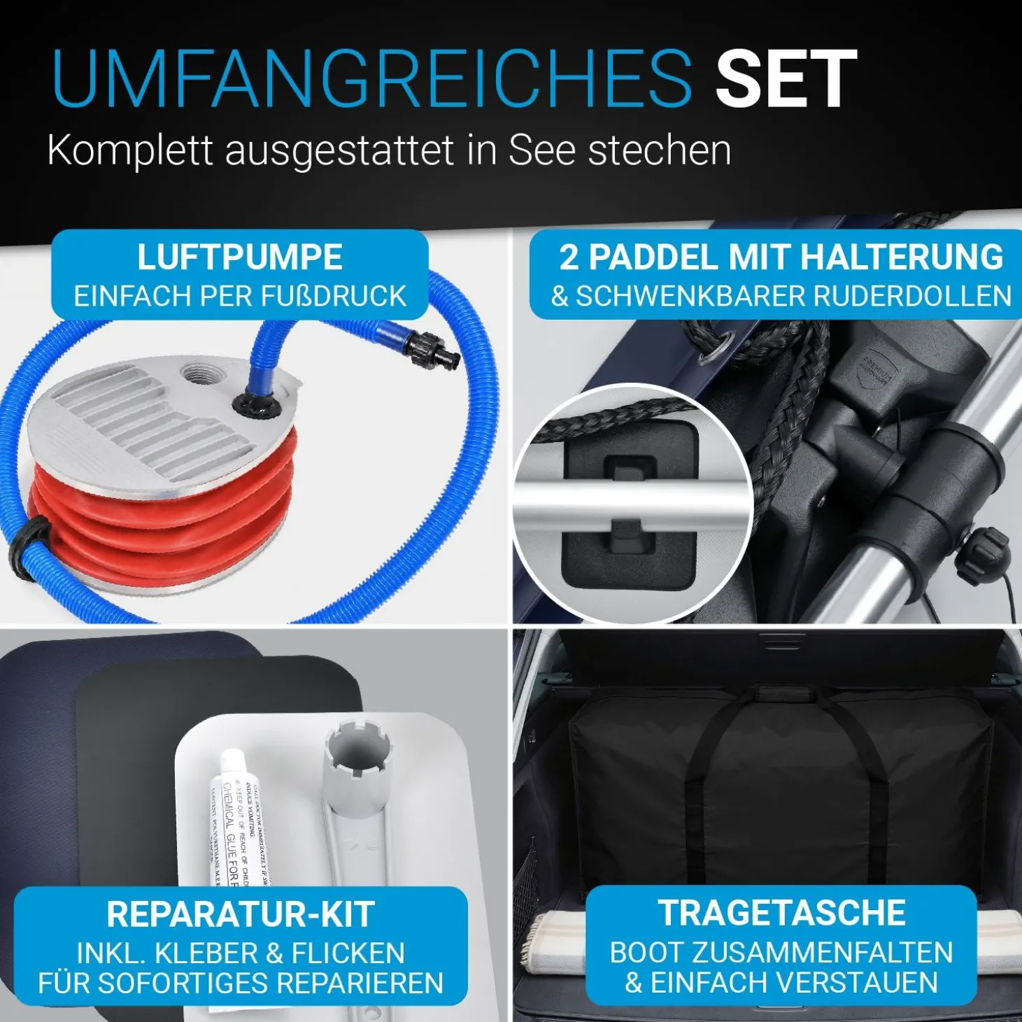 Schlauchboot 3,80 m Paddelboot für 6 Personen - inkl. Paddel, Luftpumpe und mehr