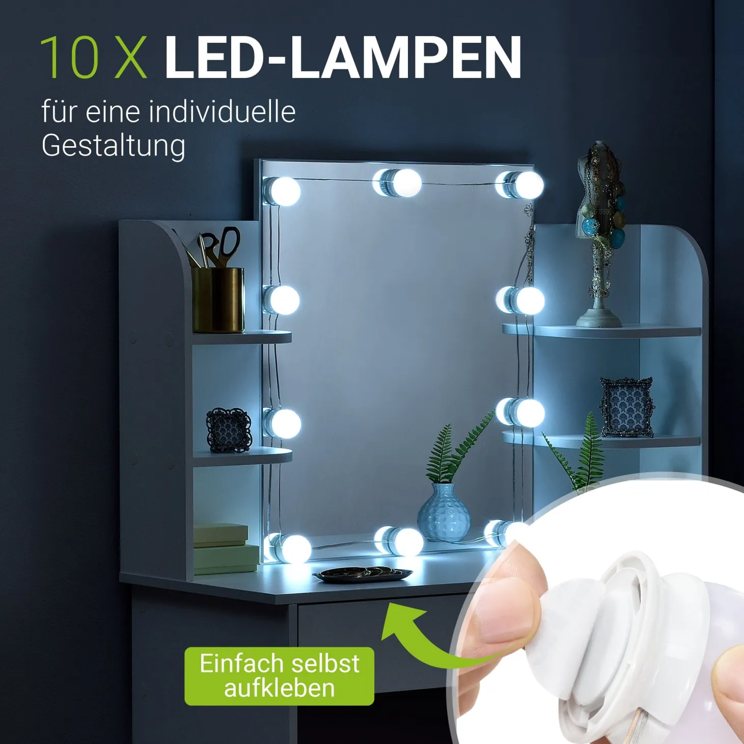 Schminktisch Bella mit Hocker Melly Mit Spiegel & LED-Licht für beste Styling-Ergebnisse
