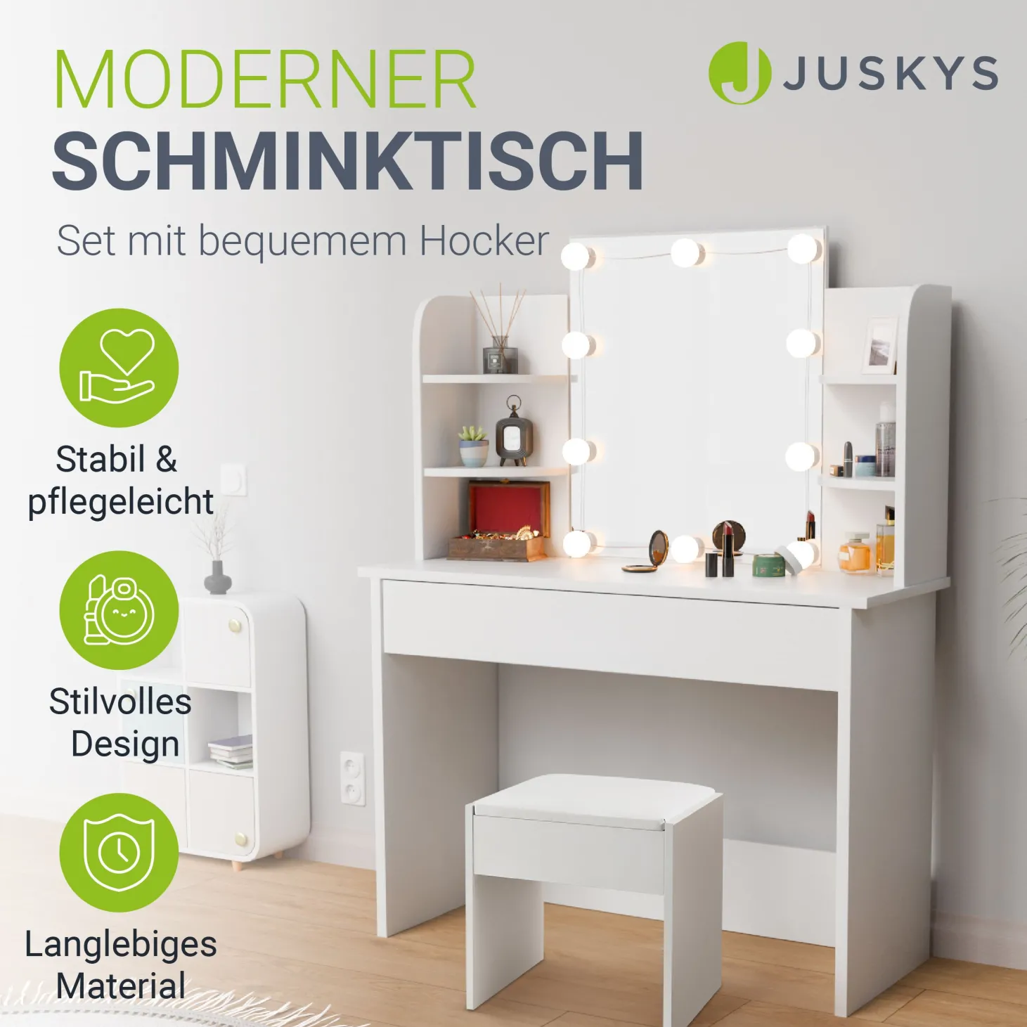 Schminktisch Bella mit Hocker Melly Mit Spiegel & LED-Licht für beste Styling-Ergebnisse