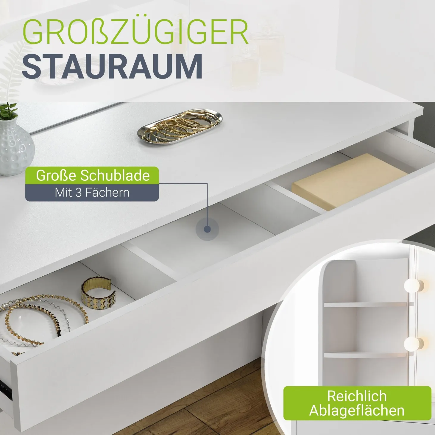 Schminktisch Bella mit Hocker Tonia Mit LED Beleuchtung und großem Spiegel für optimale Styling-Ergebnisse