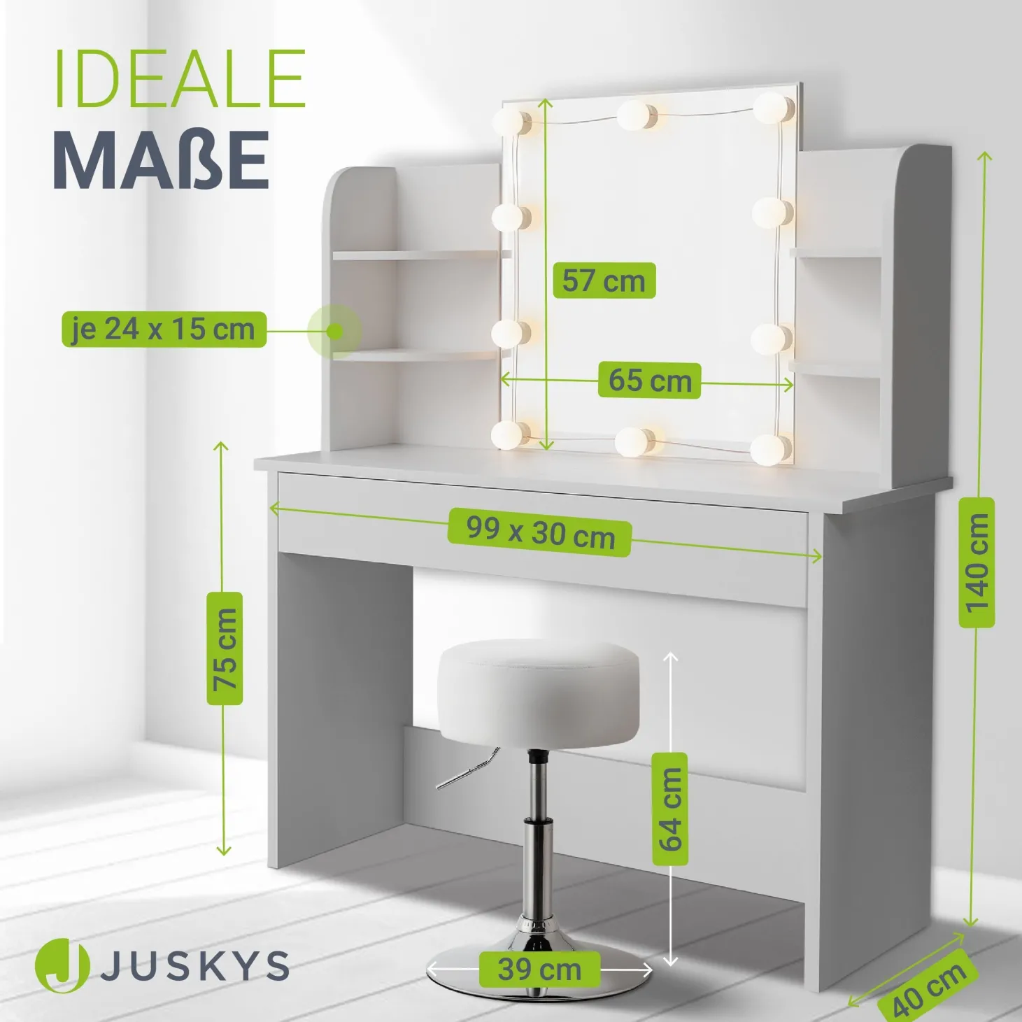 Schminktisch Bella mit Hocker Tonia Mit LED Beleuchtung und großem Spiegel für optimale Styling-Ergebnisse