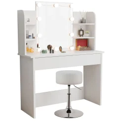 Schminktisch Bella mit Hocker Tonia Mit LED Beleuchtung und großem Spiegel für optimale Styling-Ergebnisse
