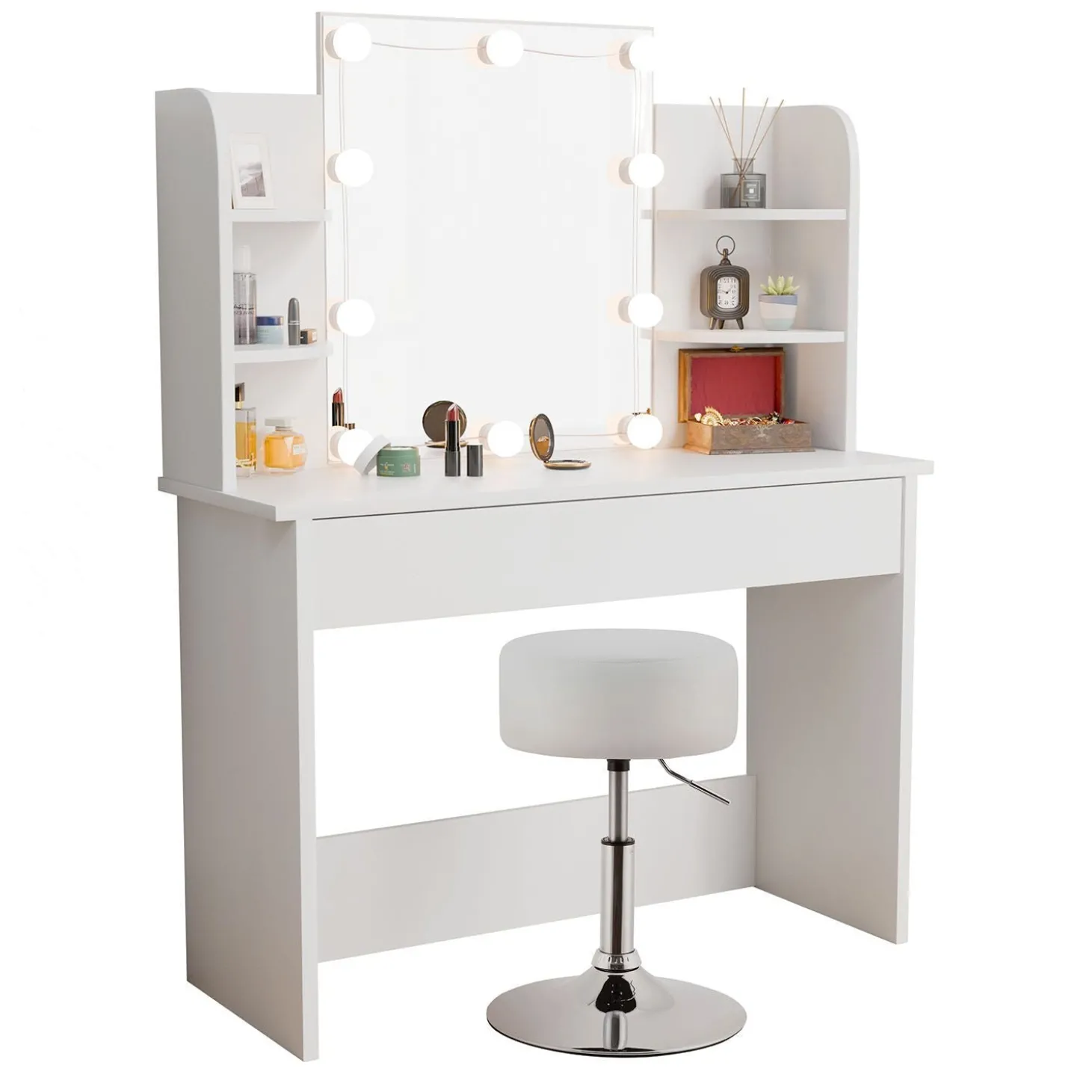 Schminktisch Bella mit Hocker Tonia Mit LED Beleuchtung und großem Spiegel für optimale Styling-Ergebnisse