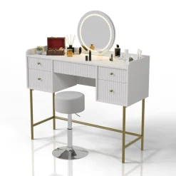 Schminktisch mit Spiegel Samira Luxuriöser Schminktisch mit Touch-LED & fünf Schubladen