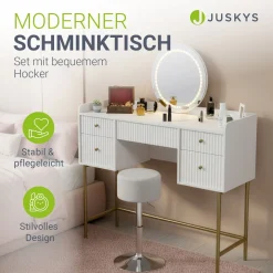Schminktisch mit Spiegel Samira Luxuriöser Schminktisch mit Touch-LED & fünf Schubladen