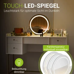 Schminktisch mit Spiegel Samira Luxuriöser Schminktisch mit Touch-LED & fünf Schubladen