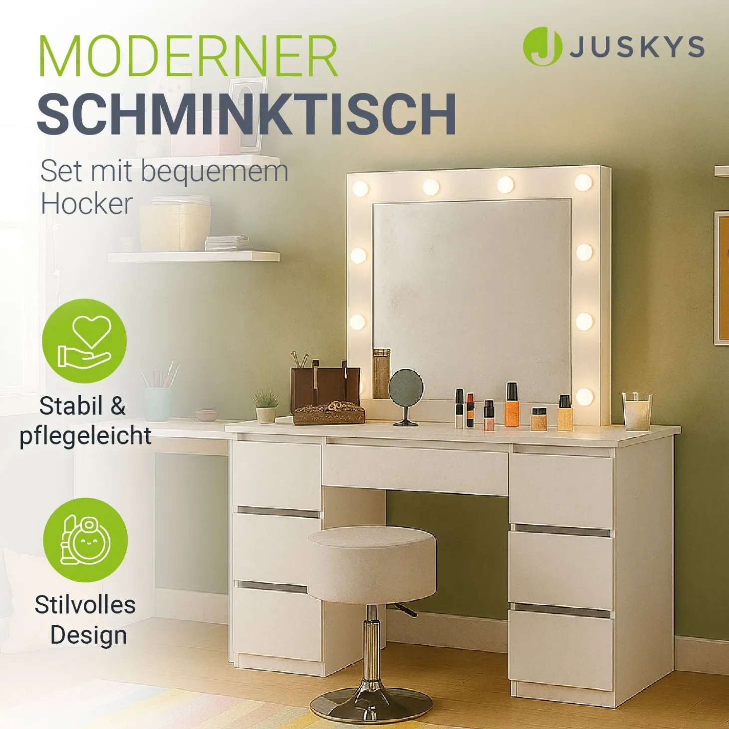 Schminktisch mit Spiegel Talea Eleganter Schminktisch mit Licht & viel Stauraum