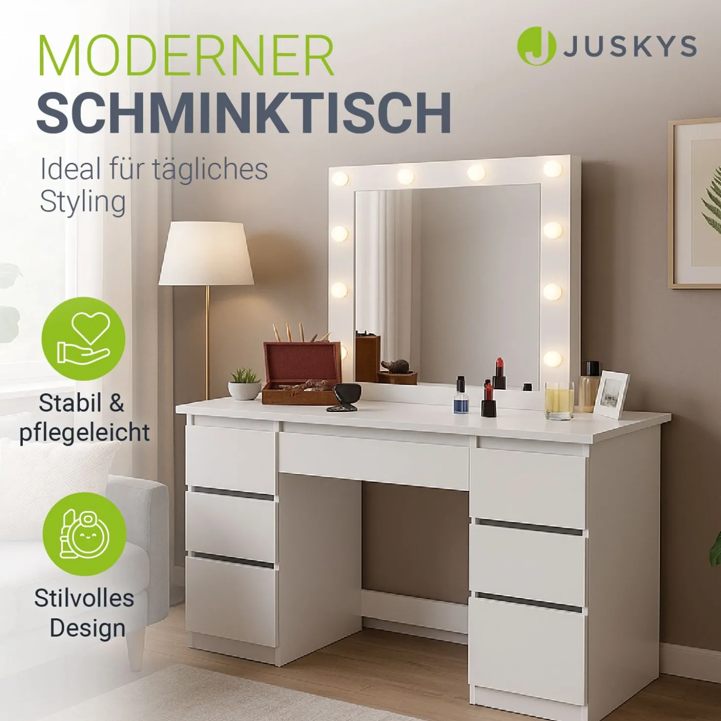 Schminktisch mit Spiegel Talea Eleganter Schminktisch mit Licht & viel Stauraum