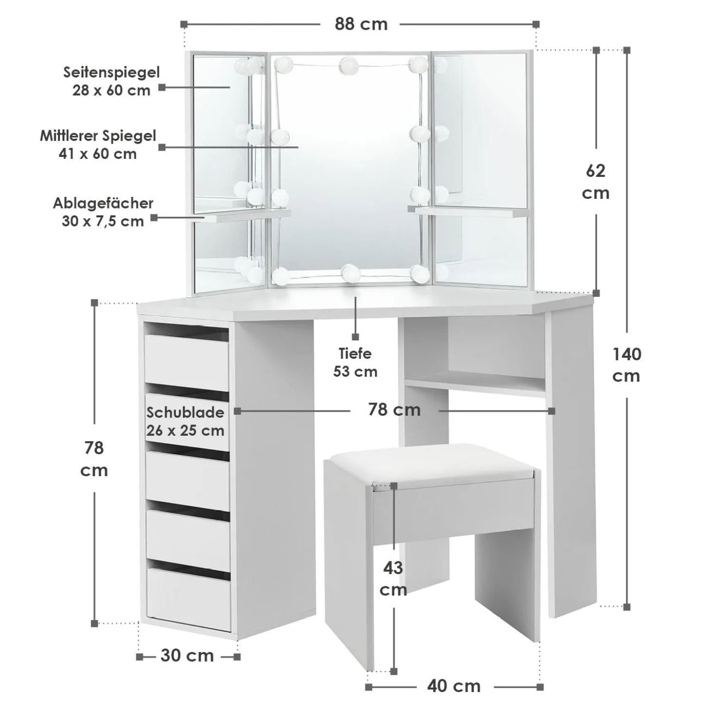 Schminktisch Nova mit Hocker Melly Kosmetiktisch mit LEDs, Spiegel, Schubladen & Fächern