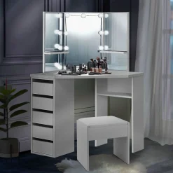 Schminktisch Nova mit Hocker Melly Kosmetiktisch mit LEDs, Spiegel, Schubladen & Fächern