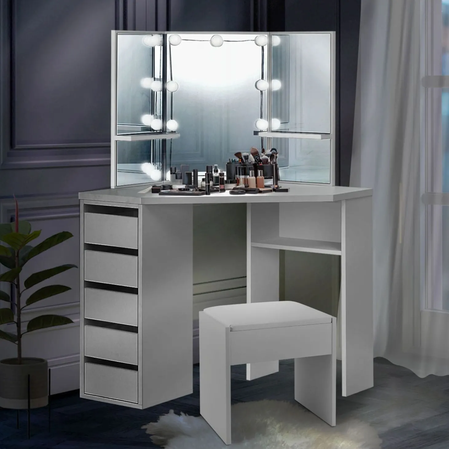 Schminktisch Nova mit Hocker Melly Kosmetiktisch mit LEDs, Spiegel, Schubladen & Fächern