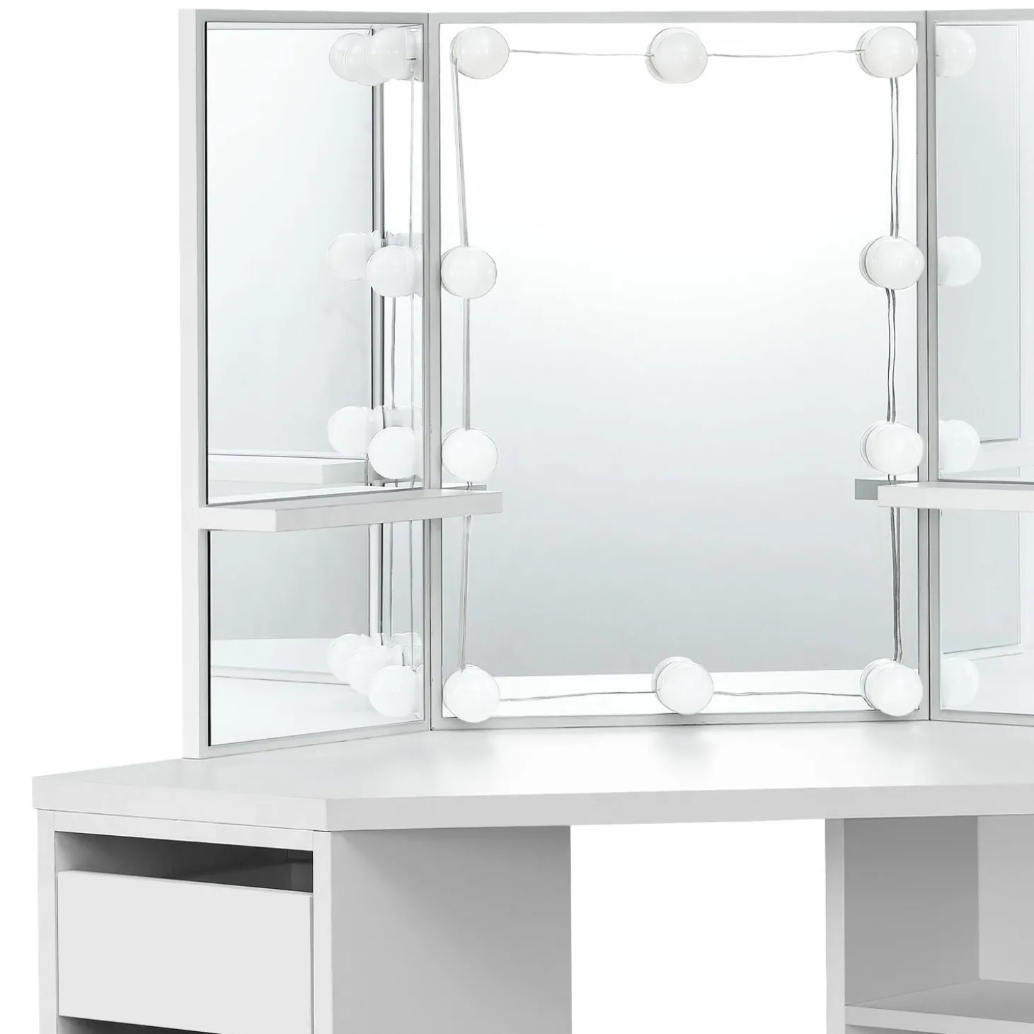 Schminktisch Nova mit Hocker Melly Kosmetiktisch mit LEDs, Spiegel, Schubladen & Fächern