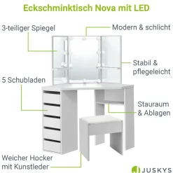 Schminktisch Nova mit Hocker Melly Kosmetiktisch mit LEDs, Spiegel, Schubladen & Fächern