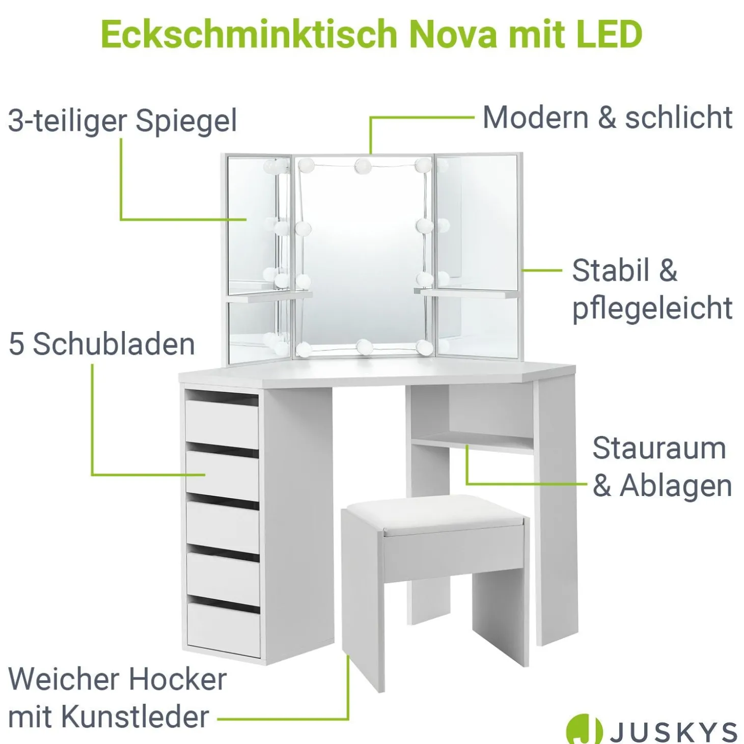 Schminktisch Nova mit Hocker Melly Kosmetiktisch mit LEDs, Spiegel, Schubladen & Fächern
