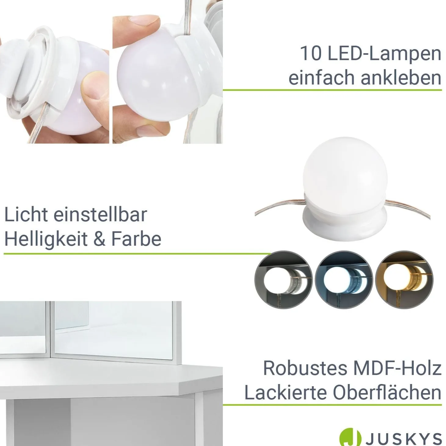 Schminktisch Nova mit Hocker Melly Kosmetiktisch mit LEDs, Spiegel, Schubladen & Fächern
