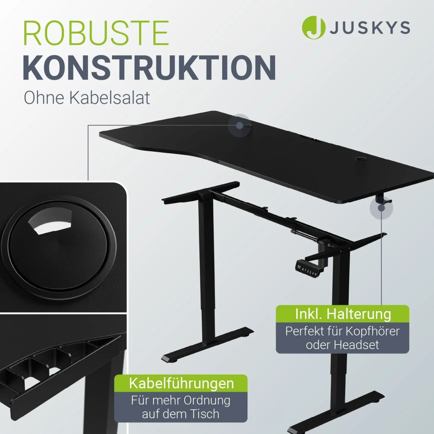 Schreibtisch Office Stand Elektrisch höhenverstellbarer Arbeitsplatz mit Headset-Halterung und Kabelführung