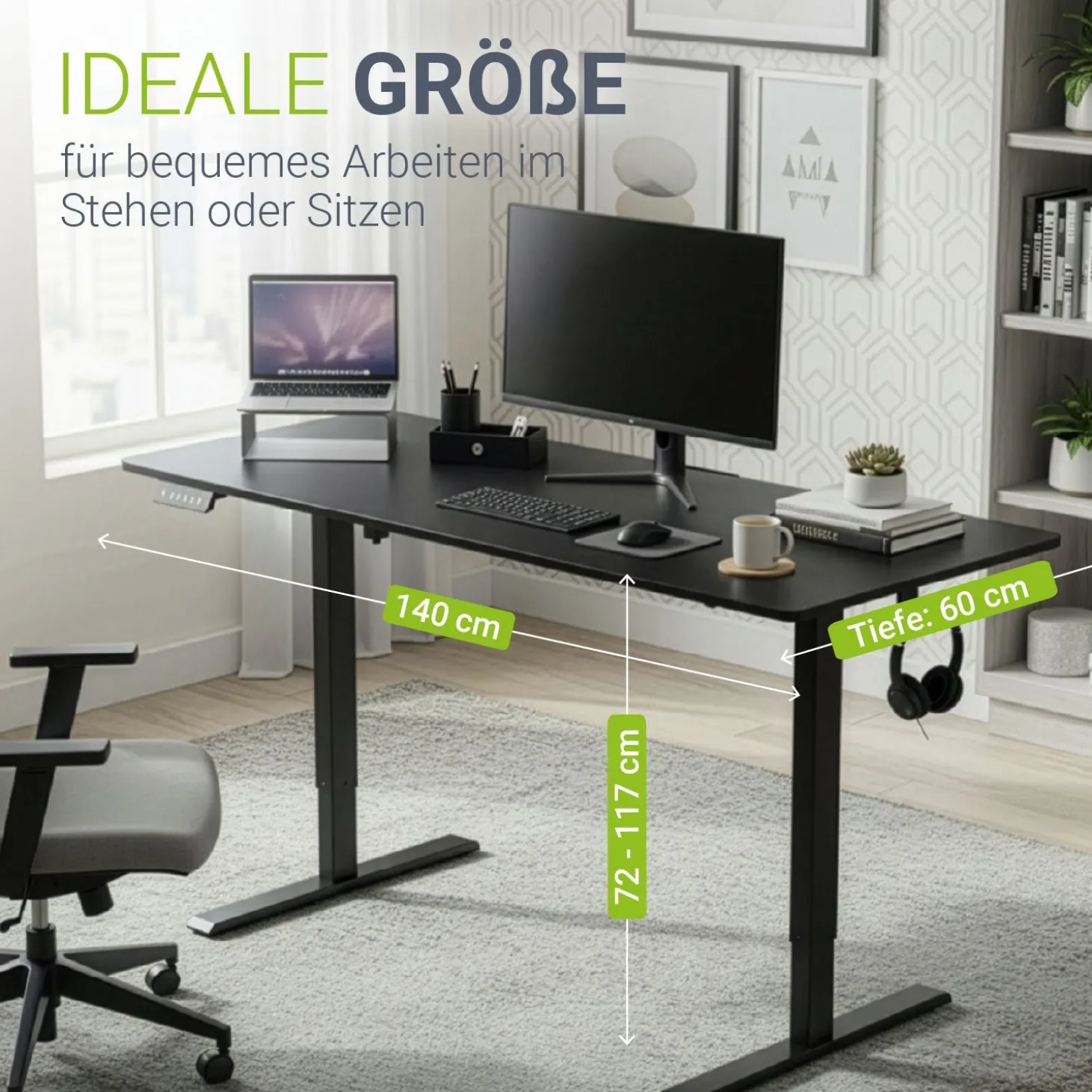 Schreibtisch Office Stand Elektrisch höhenverstellbarer Arbeitsplatz mit Headset-Halterung und Kabelführung