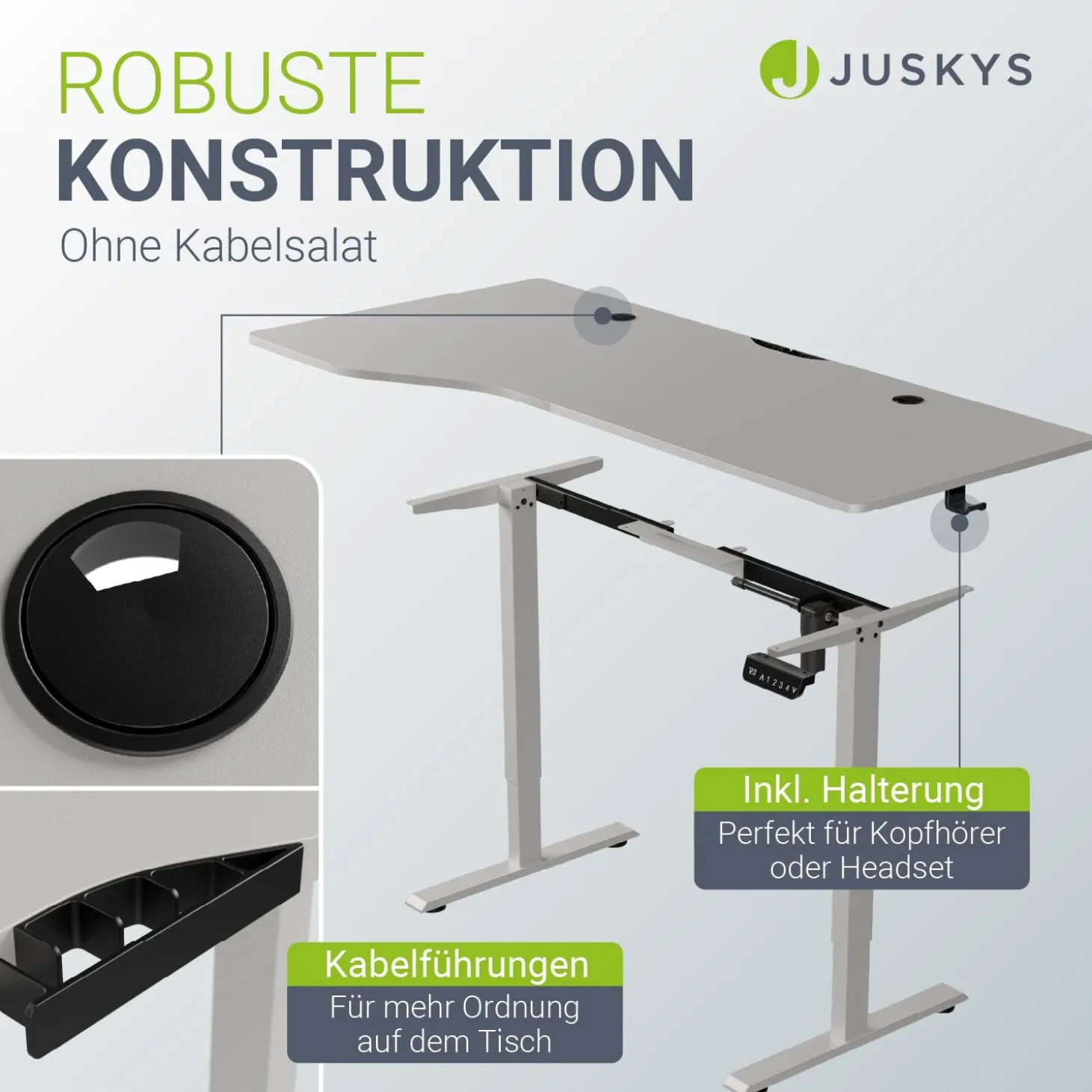 Schreibtisch Office Stand Elektrisch höhenverstellbarer Arbeitsplatz mit Headset-Halterung und Kabelführung