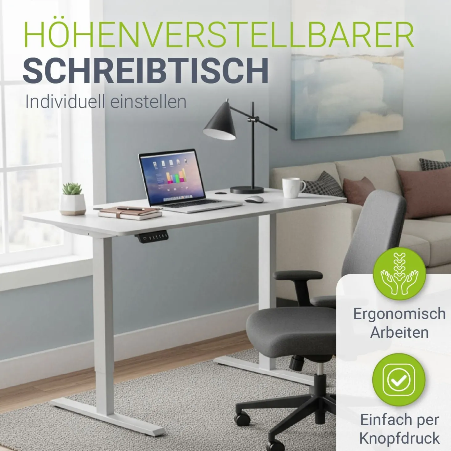 Schreibtisch Office Stand Elektrisch höhenverstellbarer Arbeitsplatz mit Headset-Halterung und Kabelführung