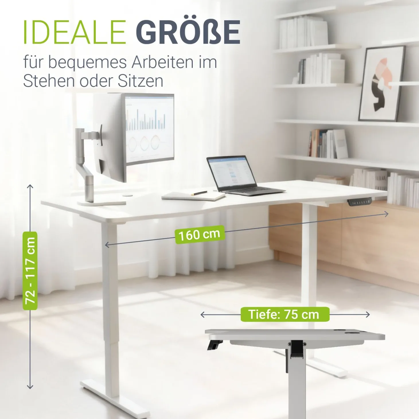Schreibtisch Office Stand Elektrisch höhenverstellbarer Arbeitsplatz mit Headset-Halterung und Kabelführung