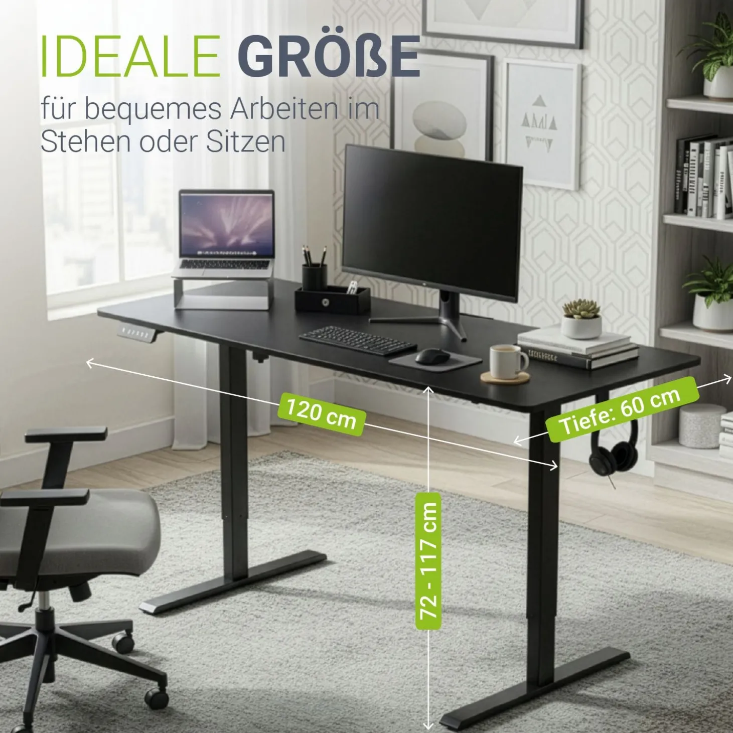 Schreibtisch Office Stand Elektrisch höhenverstellbarer Arbeitsplatz mit Headset-Halterung und Kabelführung