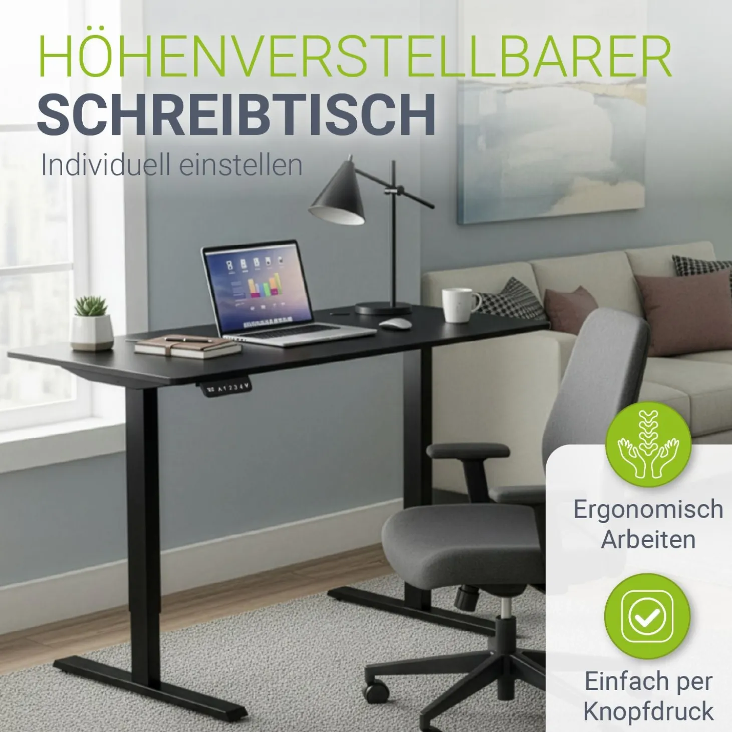 Schreibtisch Office Stand Elektrisch höhenverstellbarer Arbeitsplatz mit Headset-Halterung und Kabelführung